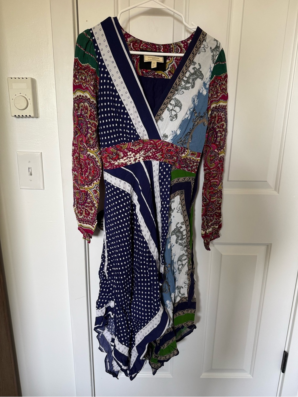 Anthropologie Patchwork Wrap Dress in Navy, Green & Red